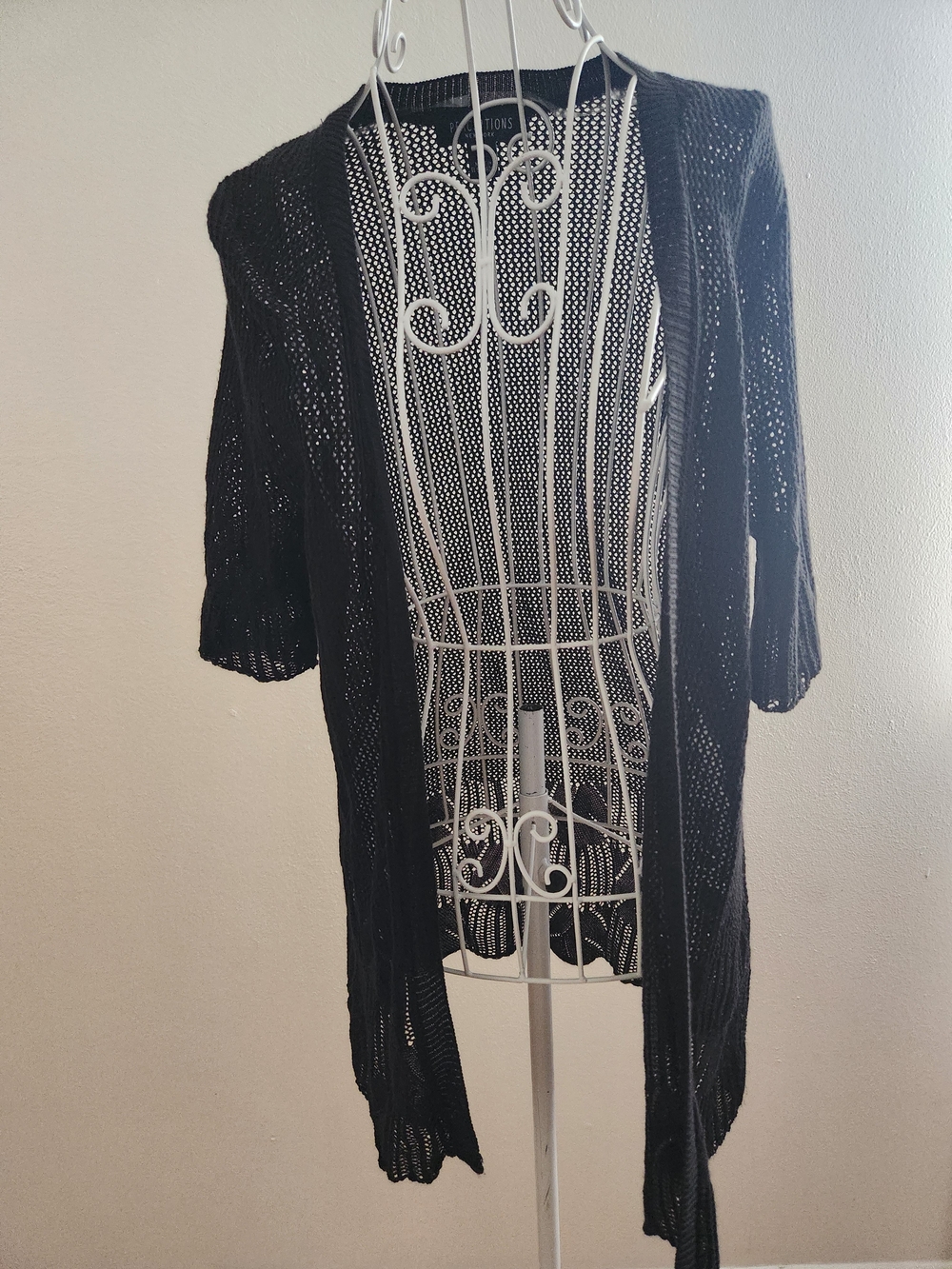 Perceptions New York Black Open Knit Crochet Duster Cardigan Size M